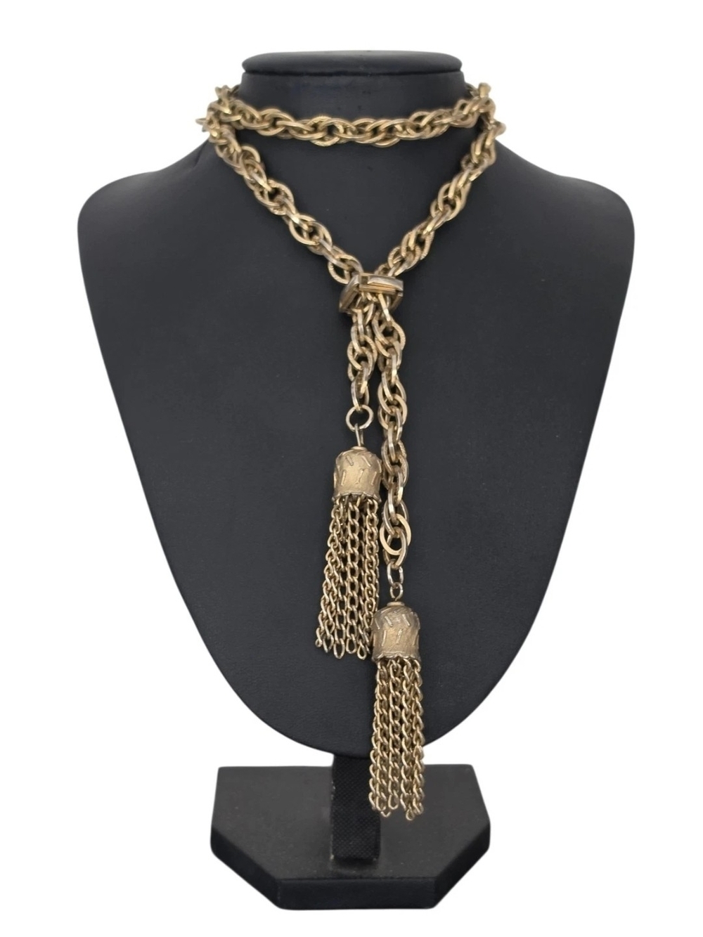 Vintage Goldtone Lariat Necklace Tassel Bolo Tie Slider Chunky Chain Necklace 28